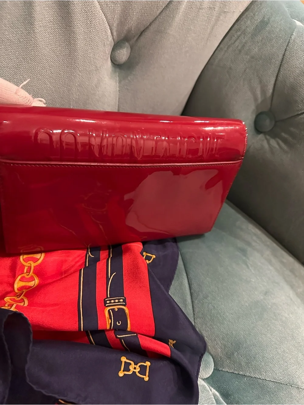Dior Red Patent Leather Clutch with Gold CD Emblem and Chain